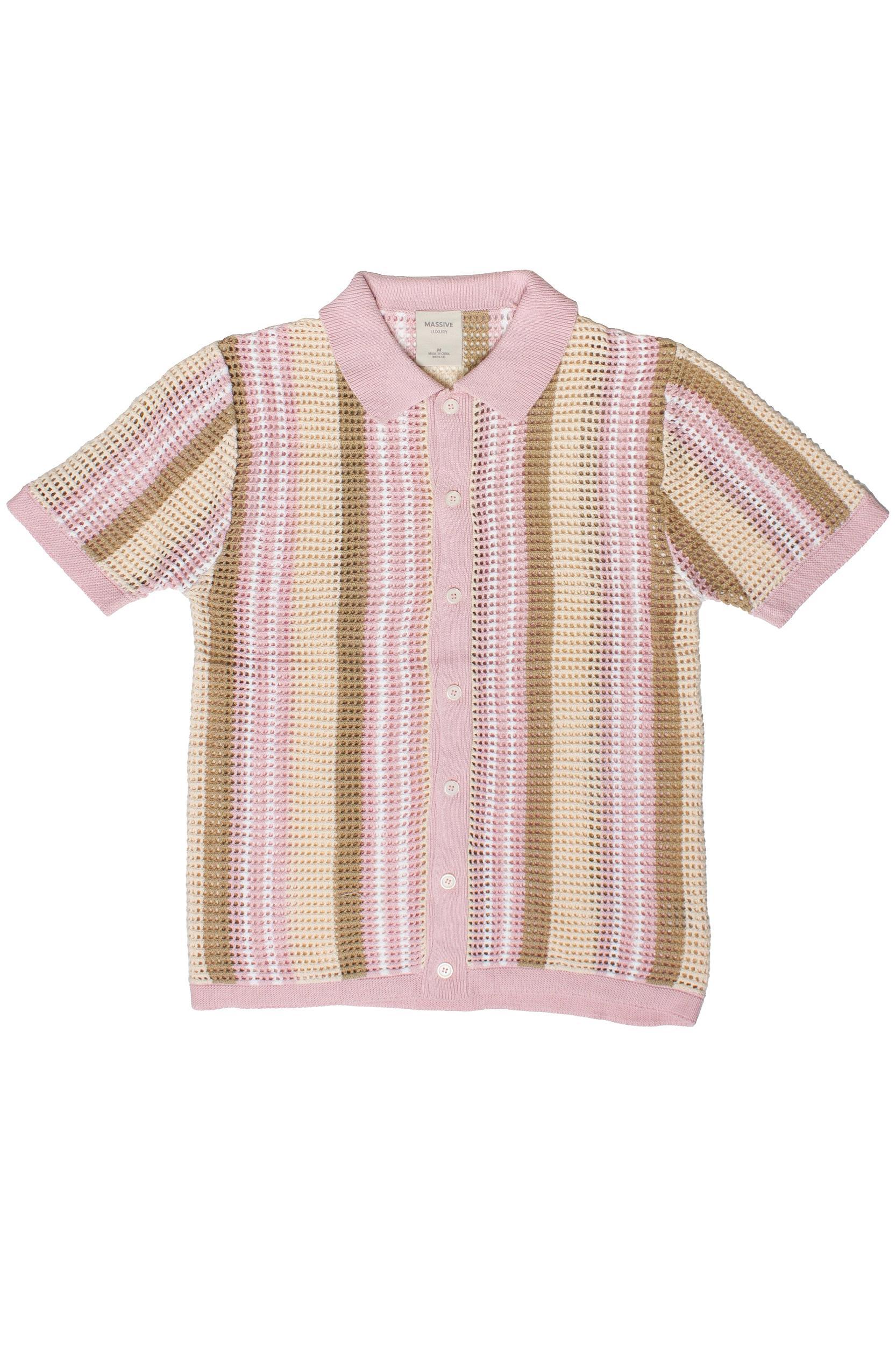 Striped Knit Mesh Button Up Shirt Product Image