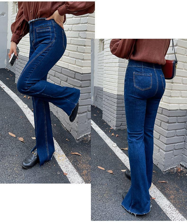 Plus Size High Waist Frayed Front-Slit Flared Jeans Product Image