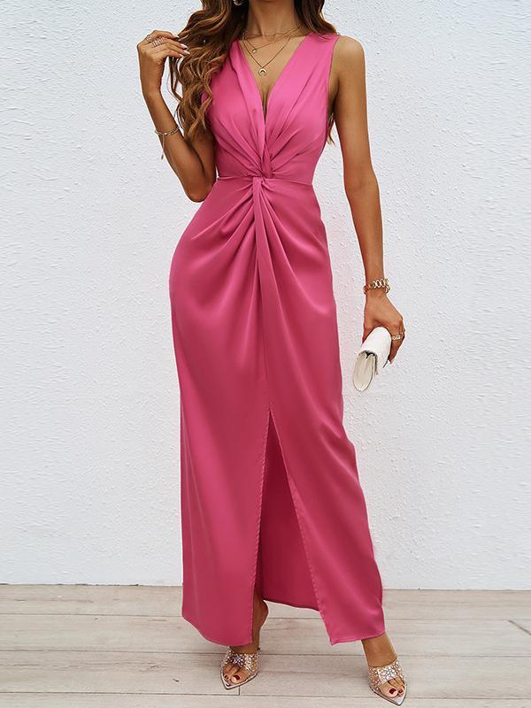 Bodycon High Waisted Elasticity Knot Solid Color Split-Front Split-Joint Zipper V-Neck Maxi Dresses Product Image