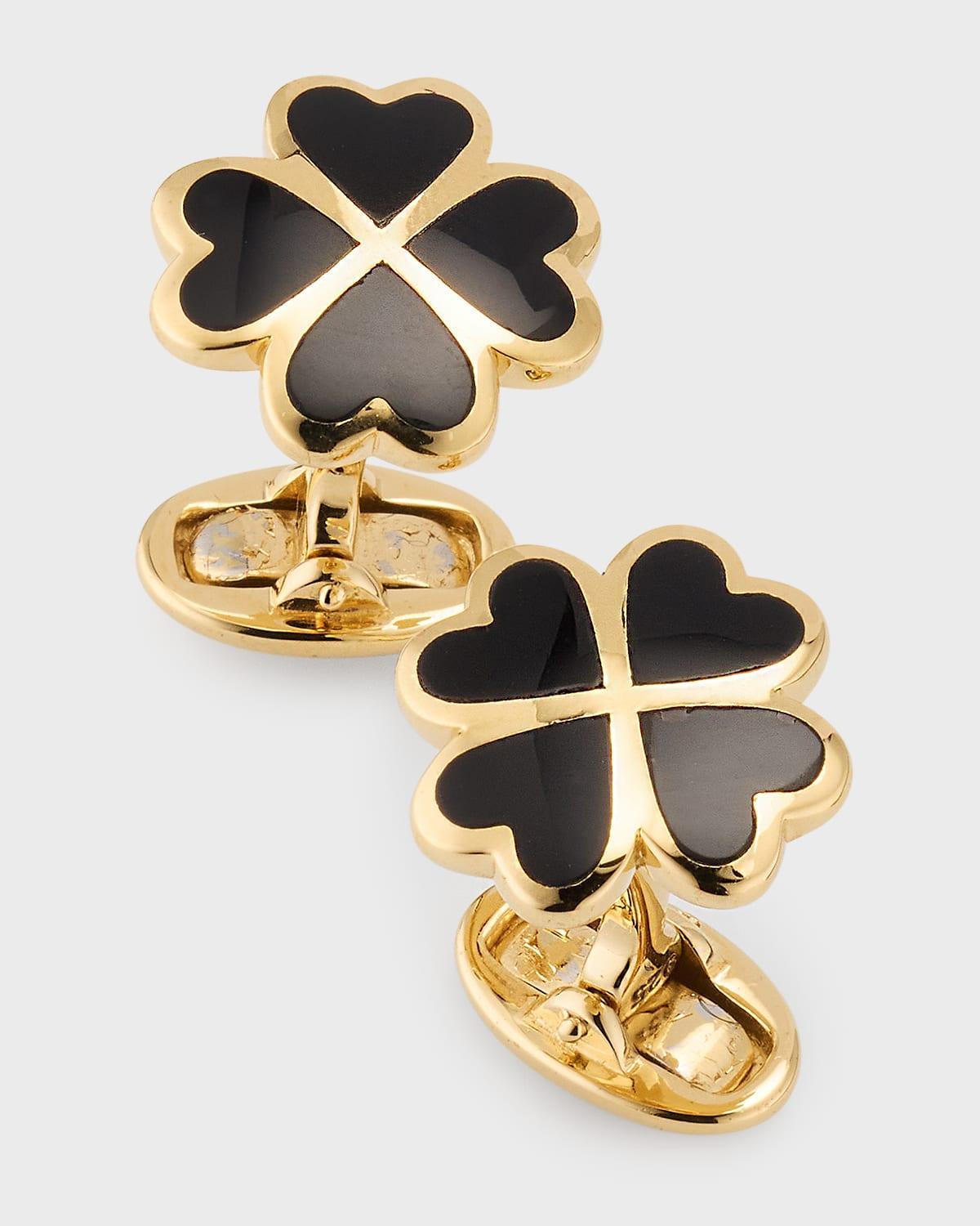 Mens 18K Gold Vermeil Black Onyx Four Leaf Clover Cufflinks Product Image