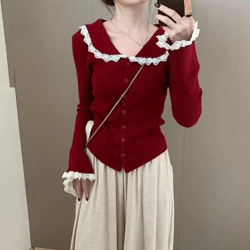 Long-Sleeve Collar Lace Trim Ribbed Button Knit Top Product Image