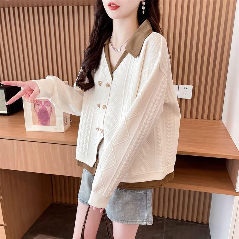 V-Neck Collared Mock Two-Piece Two Tone Jacquard Button-Up Jacket Product Image