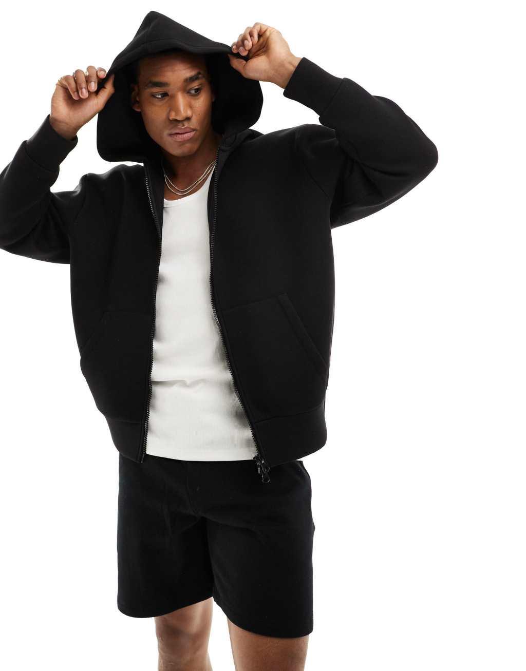 ASOS DESIGN heavyweight oversized scuba hoodie with zip in black Product Image