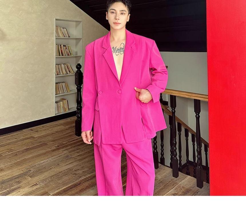 Set: Lapel Collar Plain Slit Button Blazer + Mid Rise Plain Dress Pants Product Image