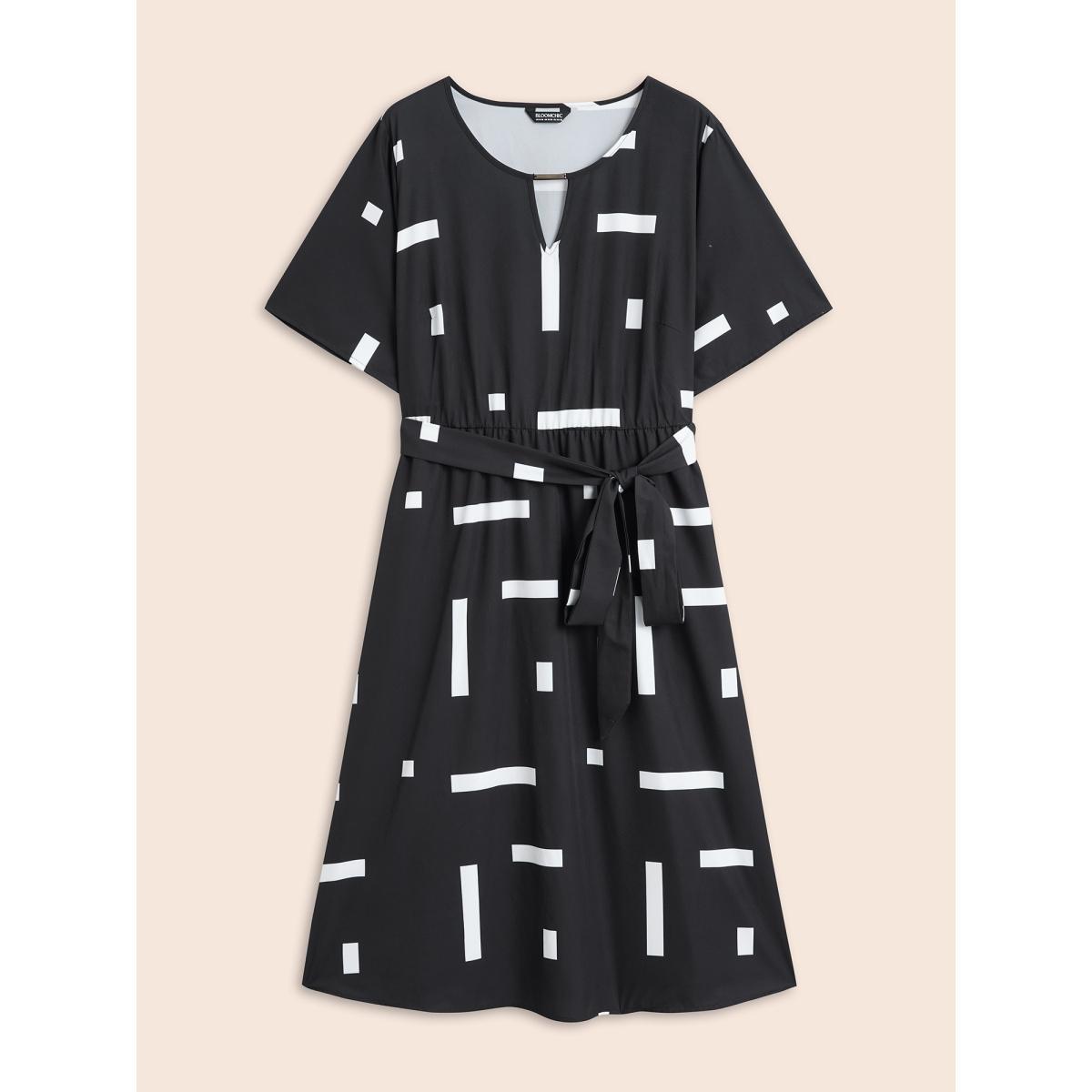 Plus Size Geometric Print Keyhole Pocket Midi Dress Black Women At the Office Belted Round Neck Short sleeve Curvy BloomChic 22-24/3X Product Image