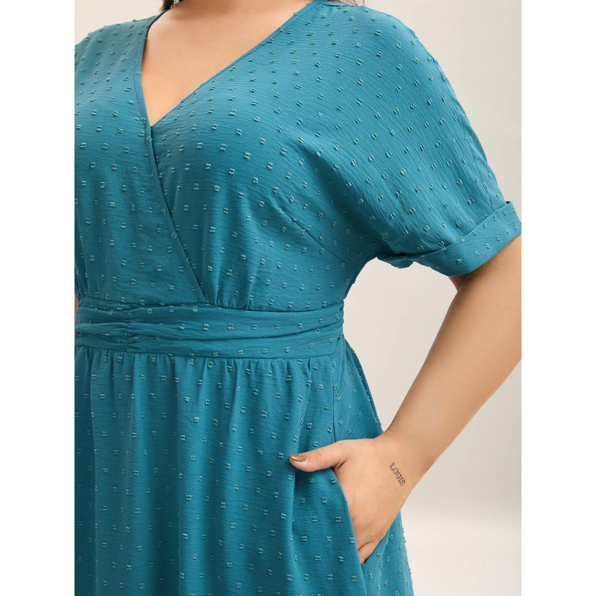 Plus Size Textured Stretchy Pleated Waist Midi Dress Aegean Women Overlap Collar Short sleeve Curvy BloomChic 30/6X Product Image