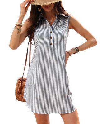 Cupshe Womens Striped Collared Sleeveless Mini Beach Dress Product Image