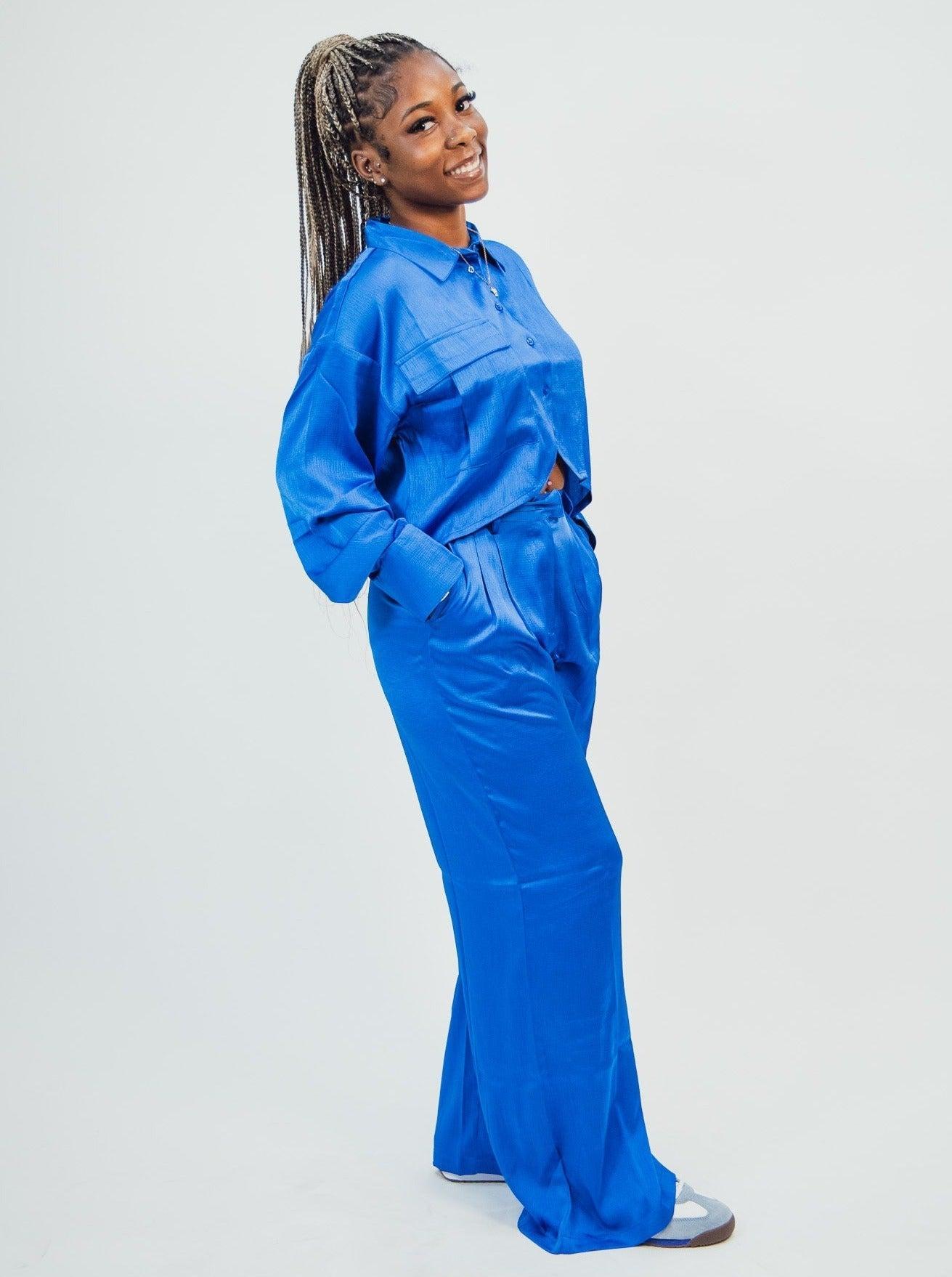Native Youth Textured Satin Wide Leg Trousers - Blue Product Image