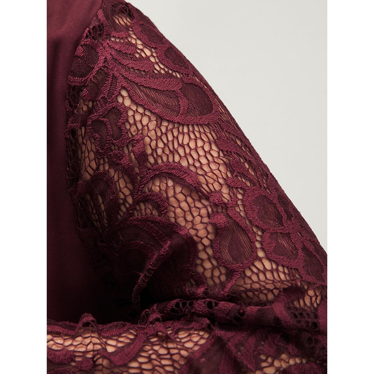 Plus Size Solid Wrap Pocket Lantern Sleeve Lace Belted Maxi Dress Burgundy Women Elegant V-neck Long Sleeve Curvy Long Dress BloomChic 28/5X Product Image