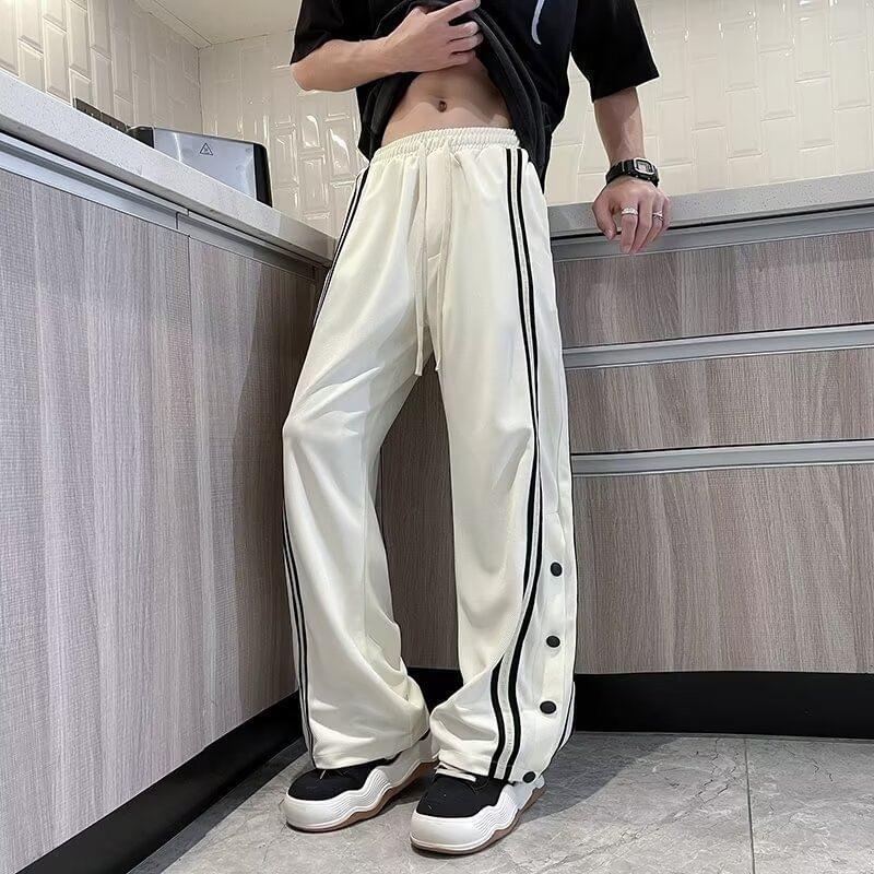 Drawstring Waist Striped Button-Up Wide Leg Pants Product Image