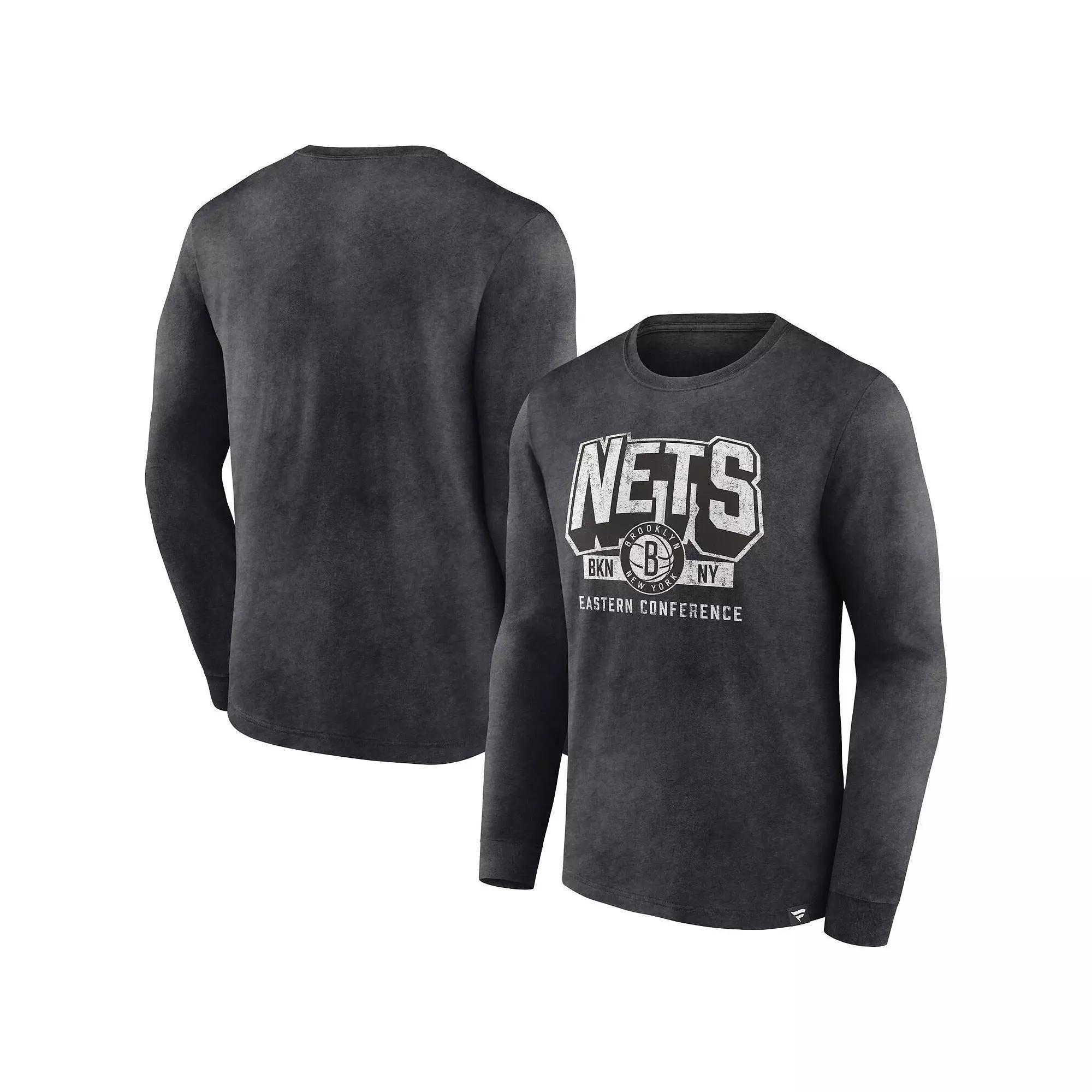 Men's Fanatics Branded Heather Charcoal Brooklyn Nets Front Court Press Snow Wash Long Sleeve T-Shirt,  Product Image