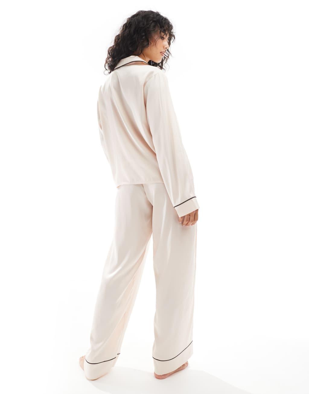 ASOS DESIGN satin long sleeve shirt & pants pajama set in pink Product Image