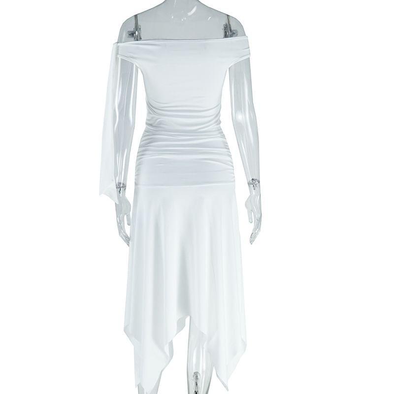 Sleeveless Off-Shoulder Plain Cutout Asymmetrical Slit Midi A-Line Dress Product Image