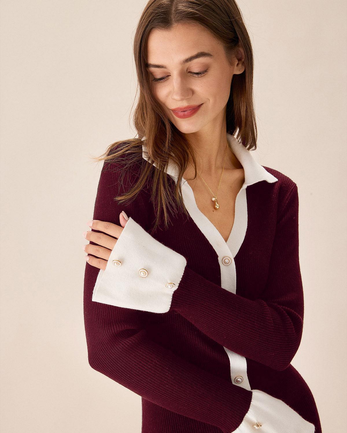 Wine Red Contrasting Sweater Dress Product Image