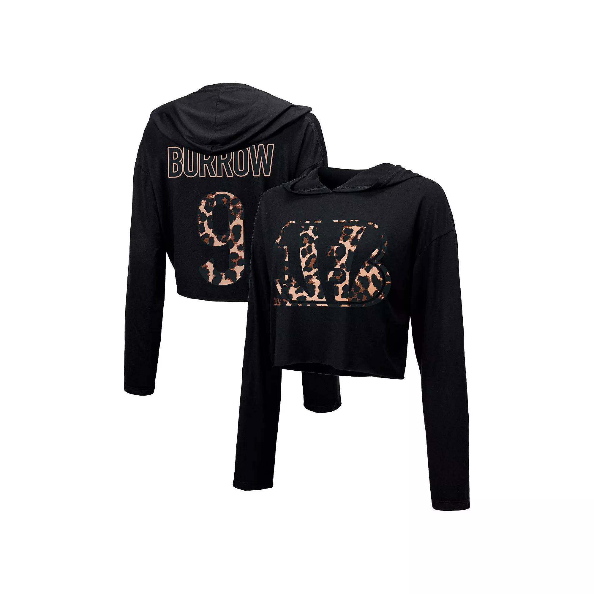 Women's Majestic Threads Joe Burrow Black Cincinnati Bengals Leopard Player Name & Number Long Sleeve Cropped Hoodie,  Product Image