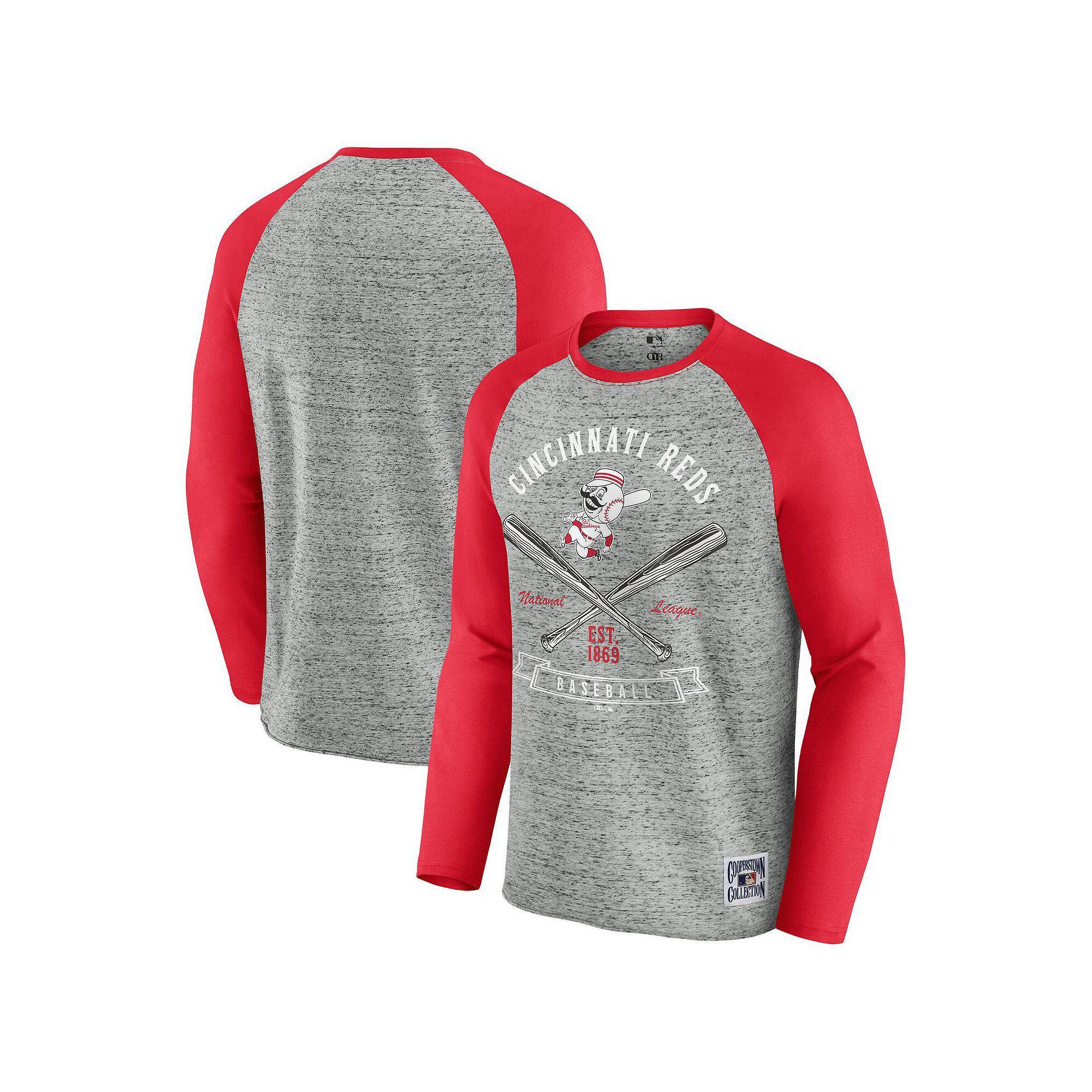 Men's Darius Rucker Collection by Fanatics  Heather Gray Cincinnati Reds Raw Edge Raglan Long Sleeve Baseball T-Shirt, Size: Medium, Red Grey Product Image