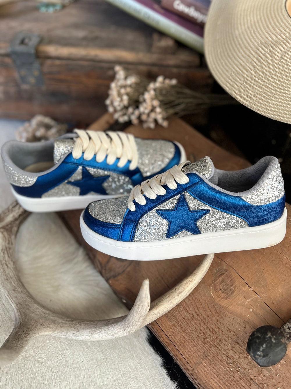 Metallic Blue And Silver Glitter Sneakers Product Image