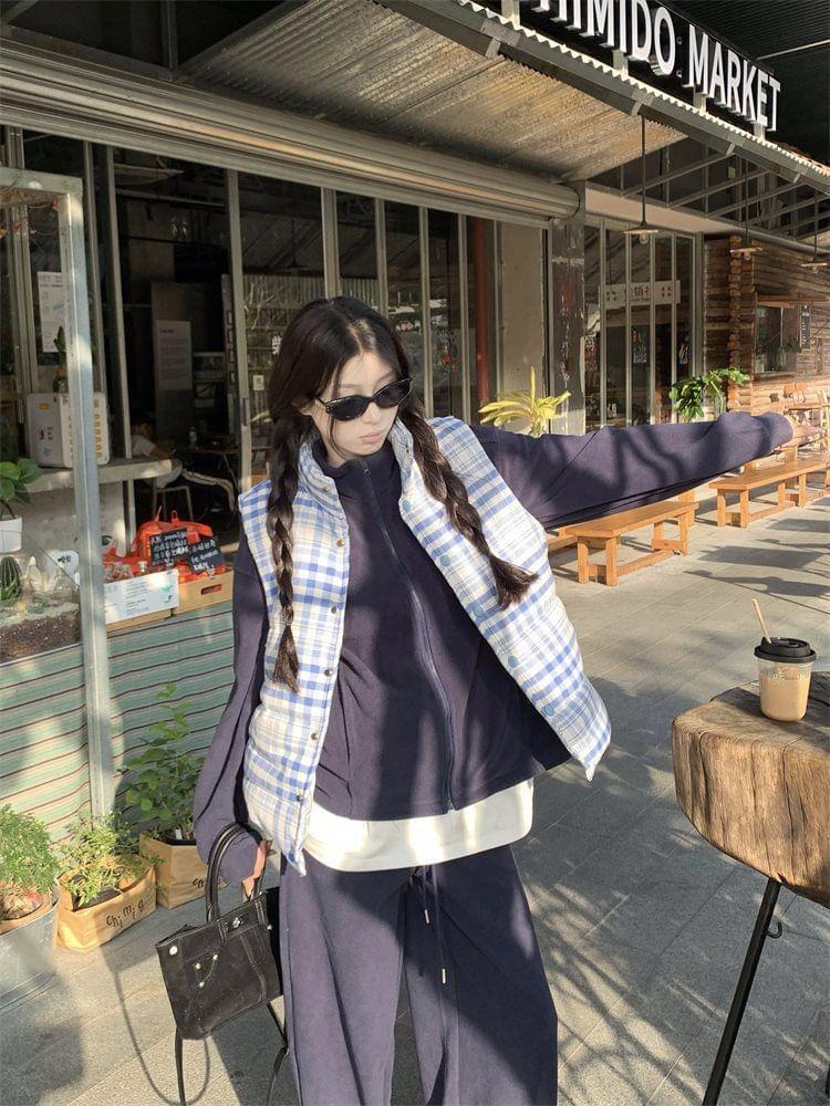 Stand Collar Plain Fleece Zip Jacket / Plaid Padded Button Vest / Drawstring Waist Wide Leg Sweatpants Product Image