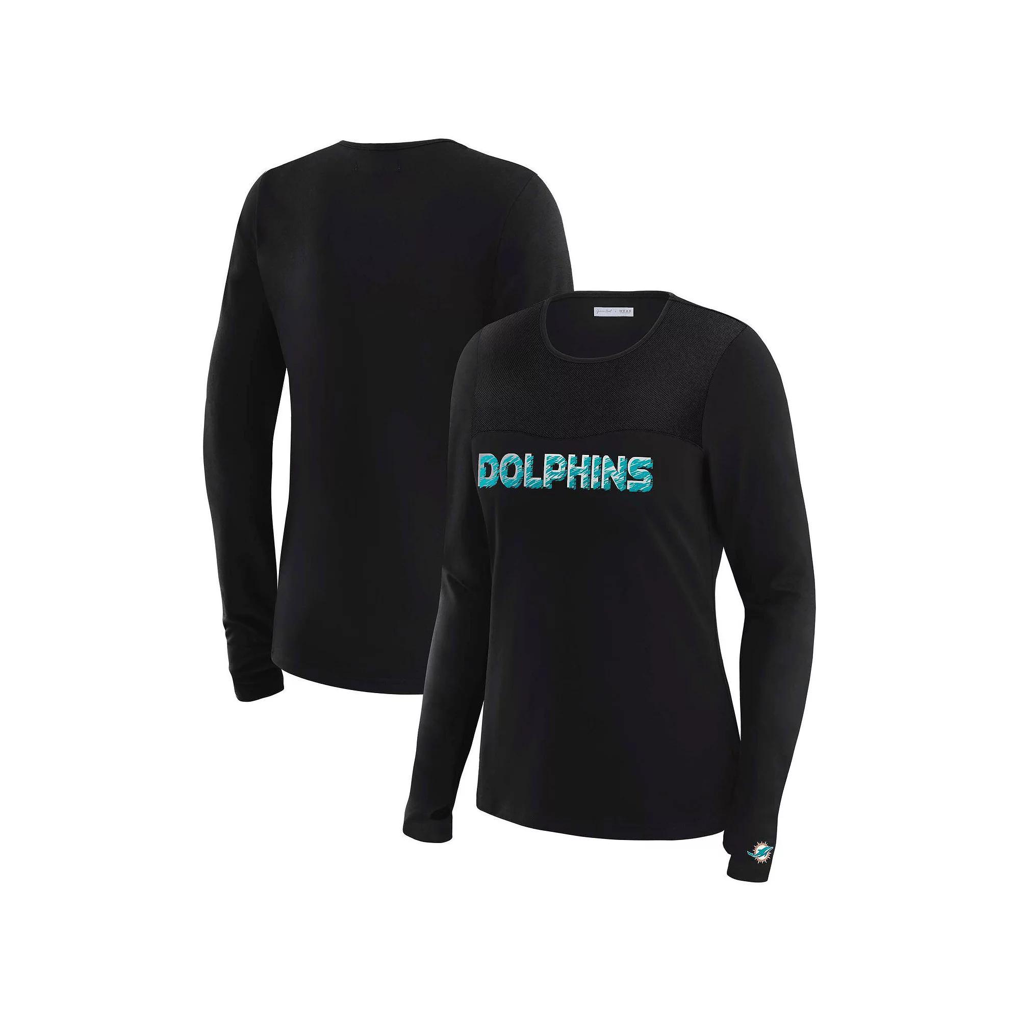 Women's WEAR by Erin Andrews x Gracie Hunt Black Miami Dolphins Mesh Panel Long Sleeve T-Shirt, Size: XL Product Image