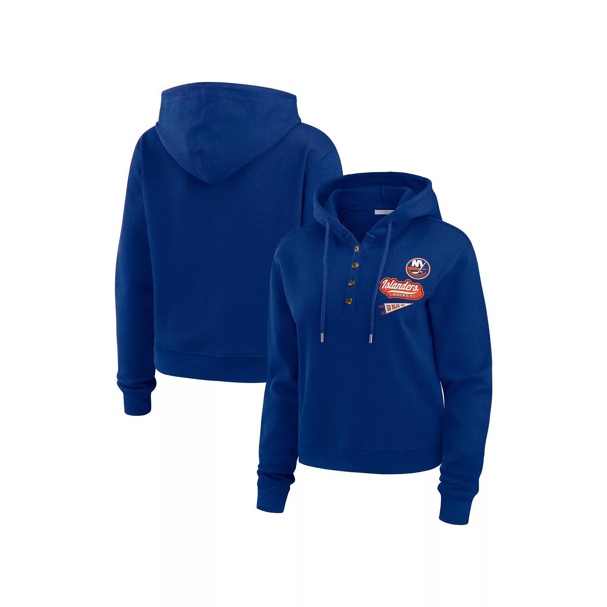 Women's WEAR by Erin Andrews  Royal New York Islanders Waffle-Knit Pullover Hoodie, Size: Large, Isl Blue Product Image
