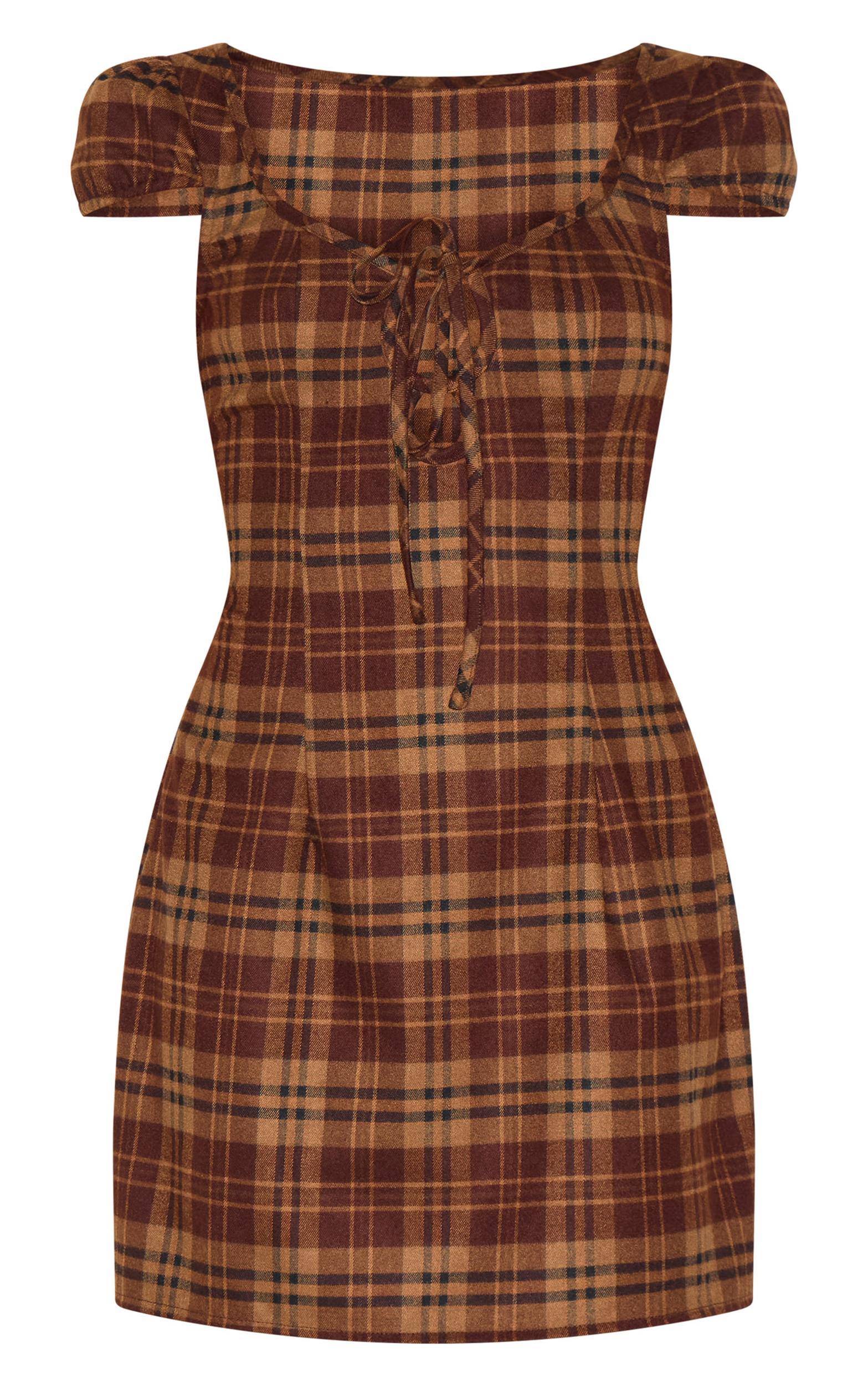 Petite Brown Checked Front Tie Mini Dress Product Image