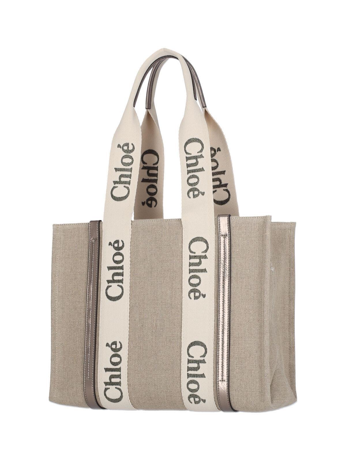 CHLOÉ Woody Medium Linen Tote In Beige Product Image