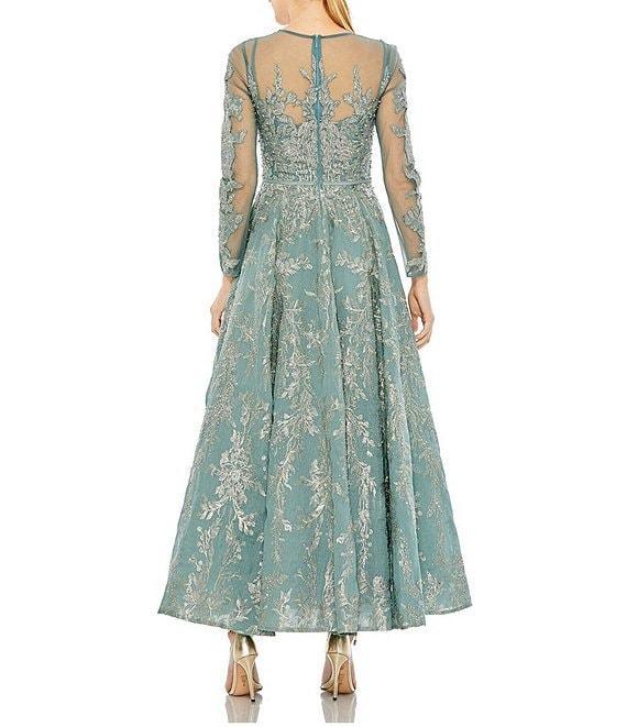 Mac Duggal Illusion Crew Neck Long Sleeve Beaded Tea Length A-Line Dress Product Image