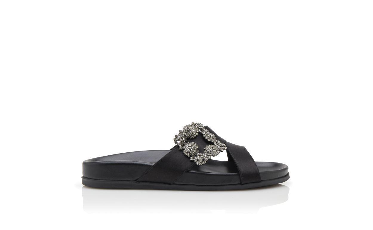 CHILANGHI Black Satin Jewel Buckle Flat Mules  Product Image