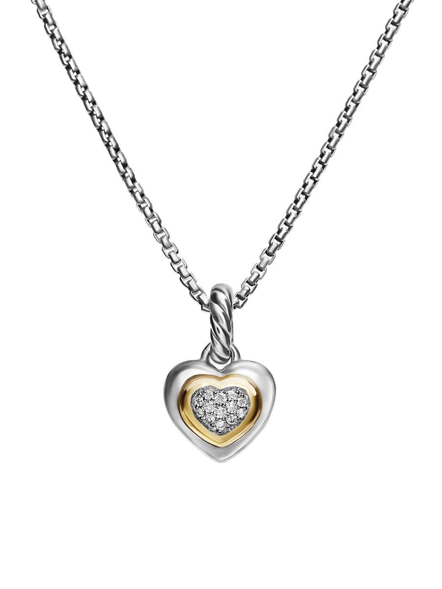 Womens Petite Cable Heart Pendant Necklace in Sterling Silver with 14K Yellow Gold and Diamonds, 17.1mm Product Image