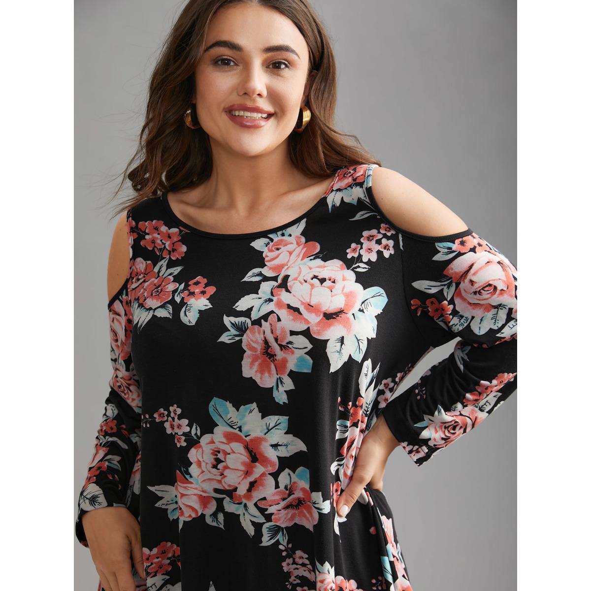 Plus Size Floral Print Shoulder Cut-Out T-shirt Black Women Elegant Contrast Natural Flowers Round Neck Loose Everyday T-shirts BloomChic 18-20/2X Product Image