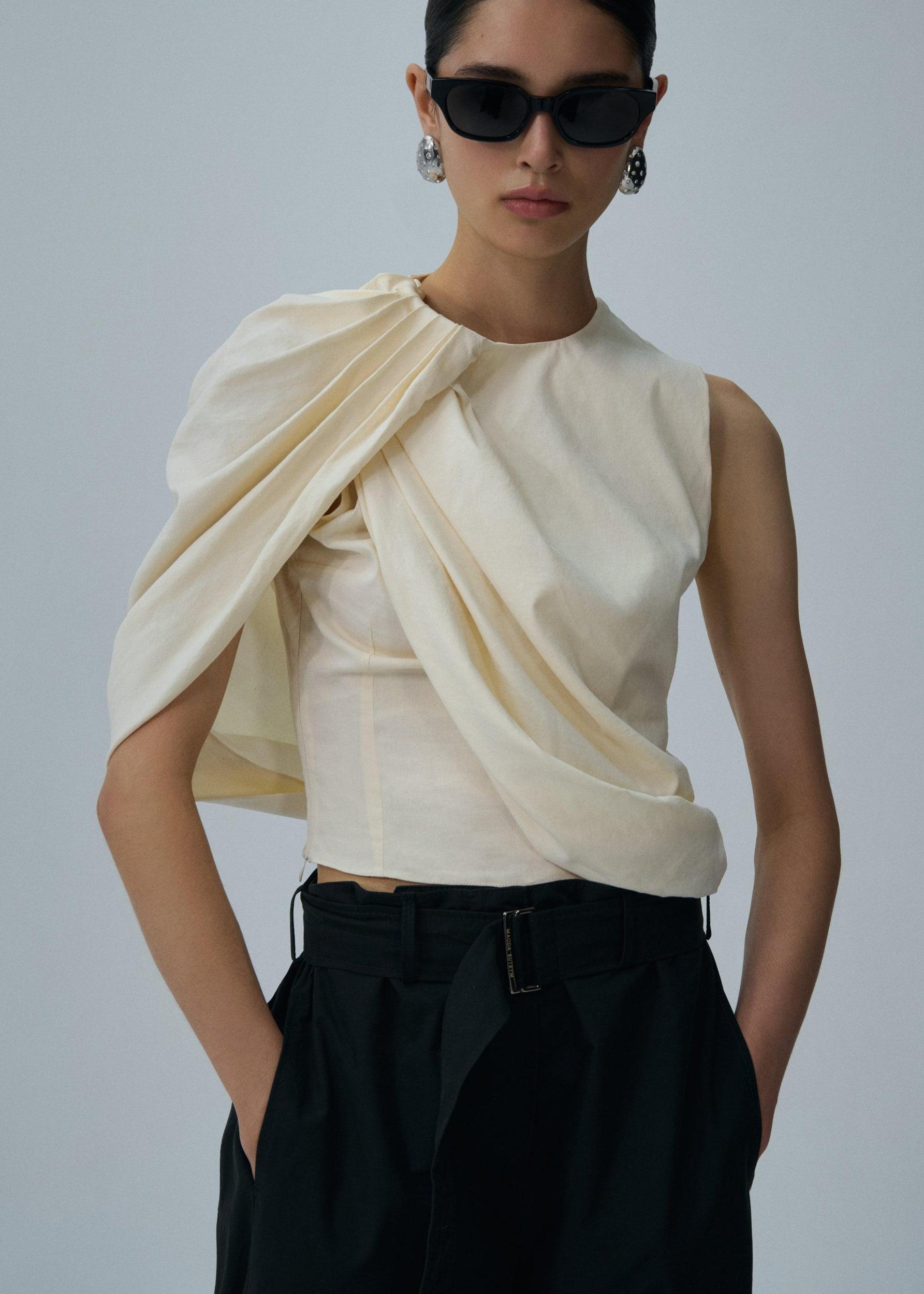 Asymmetric draped top in cream Product Image