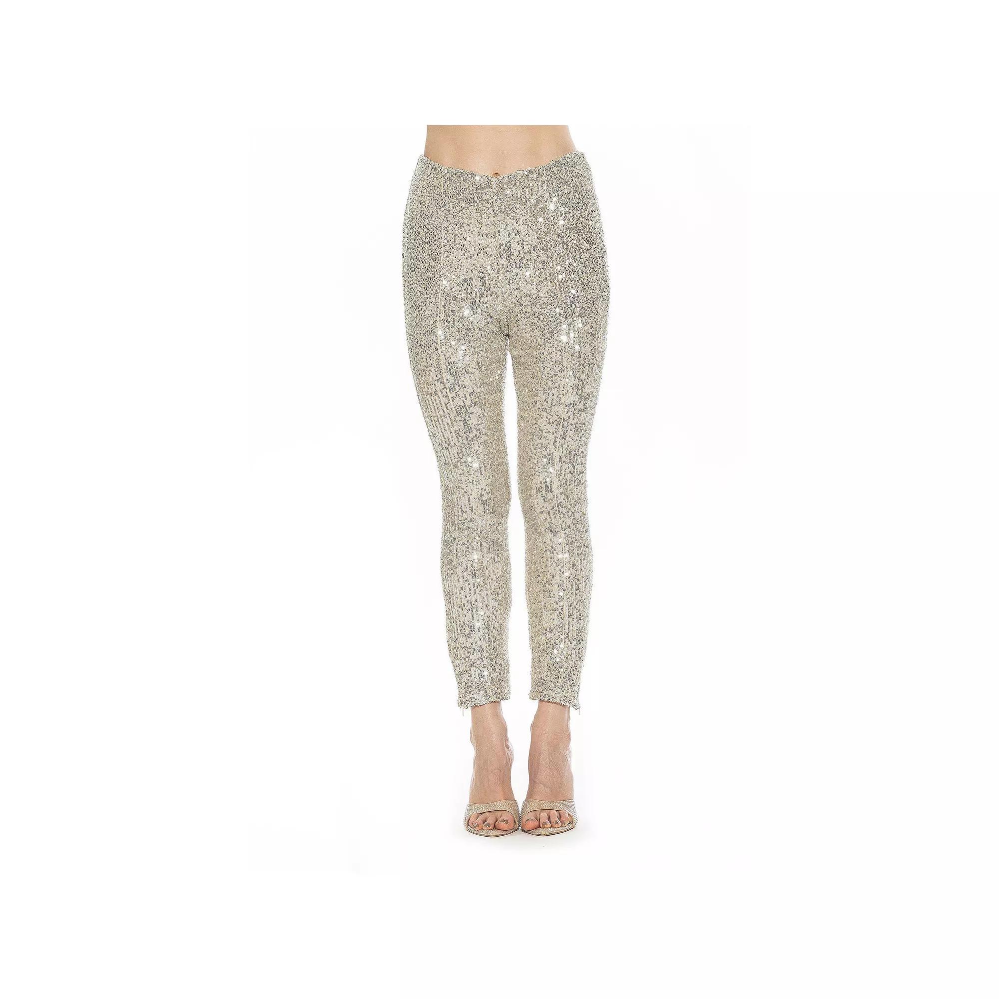 Women's ALEXIA ADMOR Daena High Waist Stretch Sequin Leggings, Size: 10, Silver Product Image
