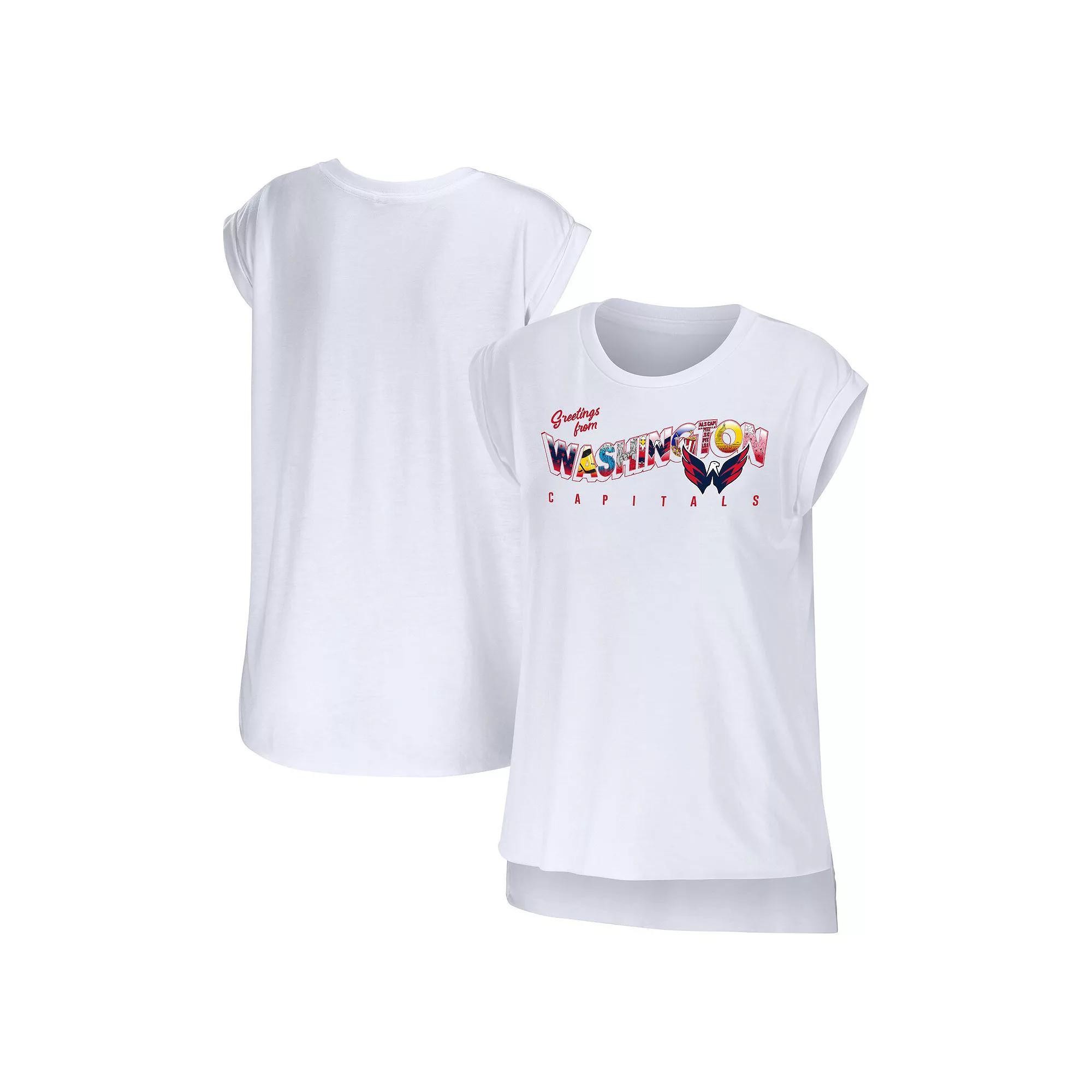 Women's WEAR by Erin Andrews White Washington Capitals Greetings From Muscle T-Shirt, Size: Large Product Image