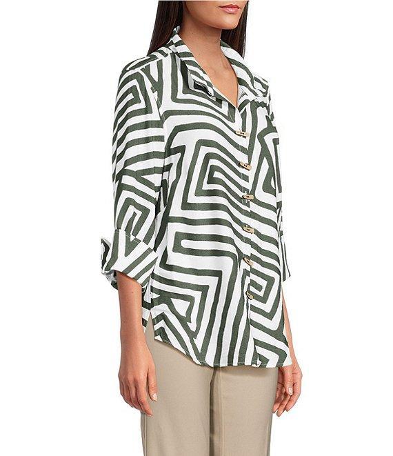 Ali Miles Woven Allover Abstract Print Wire Collar 3/4 Sleeve Hi-Low Hem Button Front Tunic Product Image