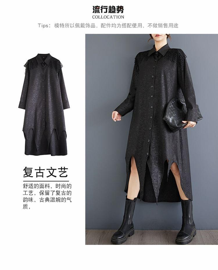 Long-Sleeve Jacquard Asymmetrical Midi Shirt Dress Product Image