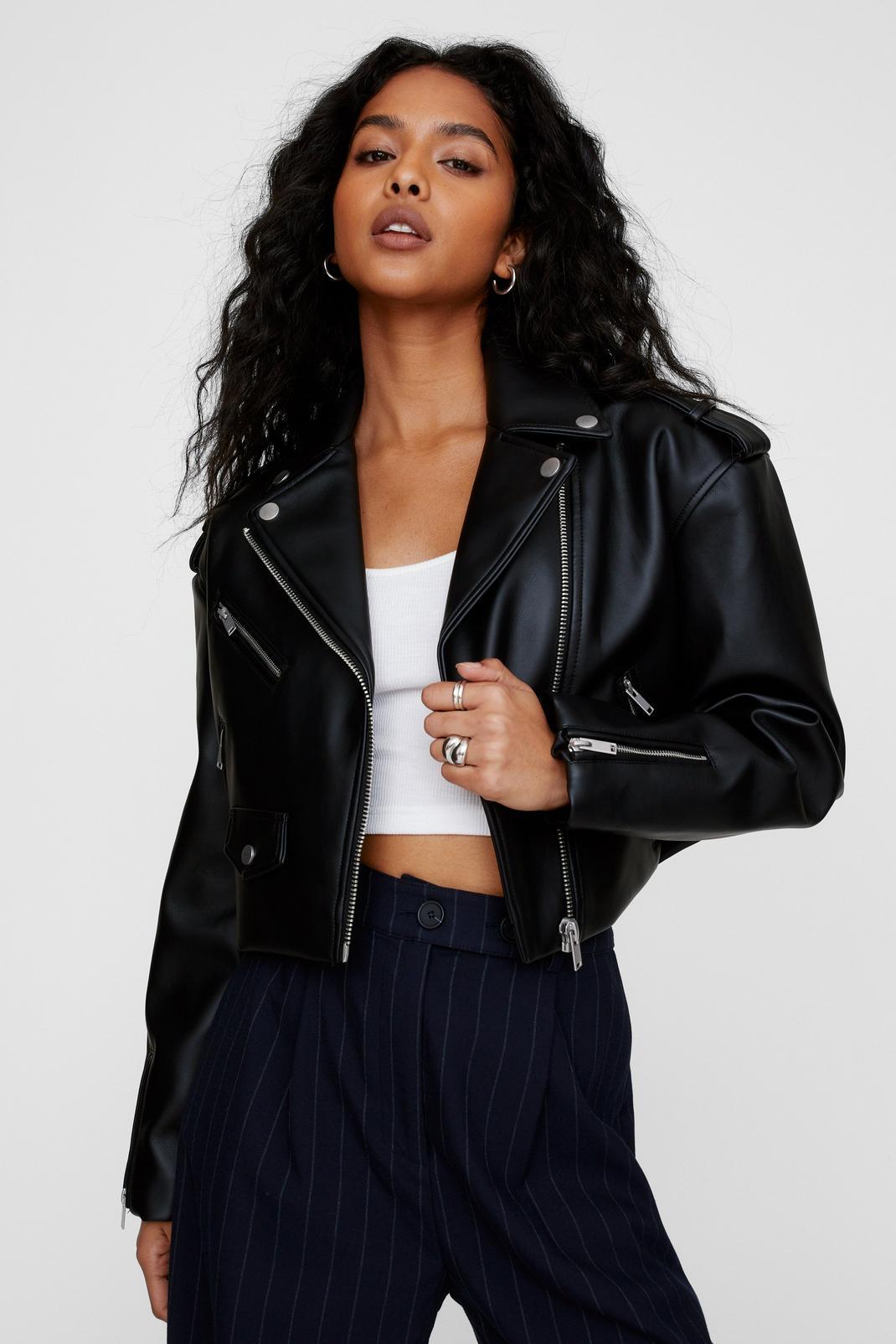 Essentials Cropped Faux Leather Boxy Biker  Product Image