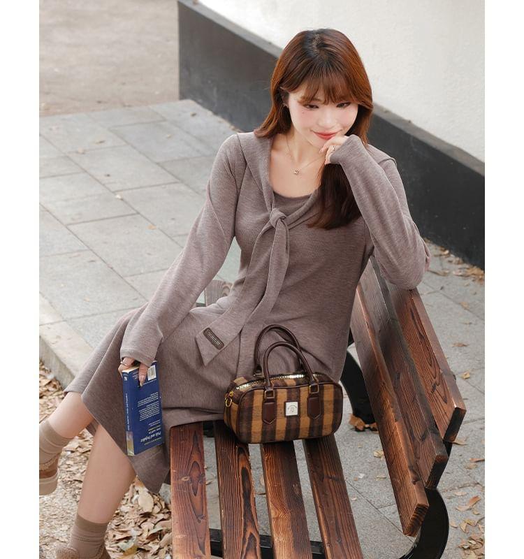 Long-Sleeve Tie-Neck Plain Midi A-Line Dress Product Image