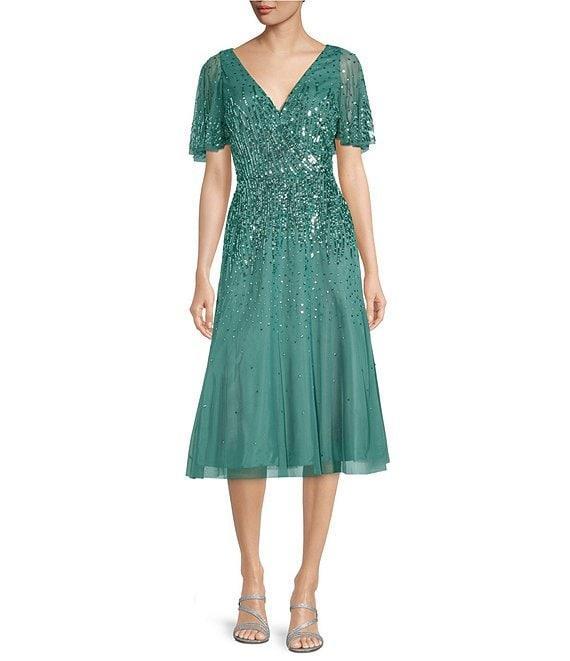 Aidan Mattox Beaded V-Neck Short Sleeve A-Line Midi Dress Product Image