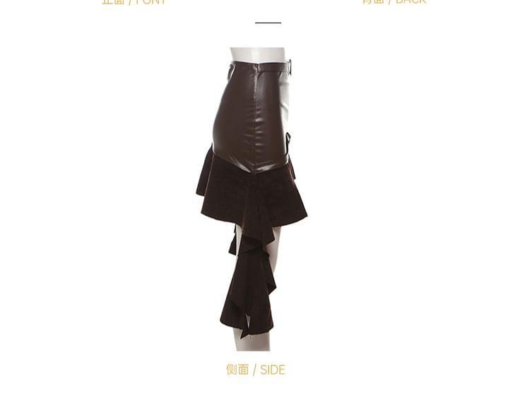 High Rise Plain Buckled Ruffle Asymmetrical Faux Leather Mini Pencil Skirt Product Image