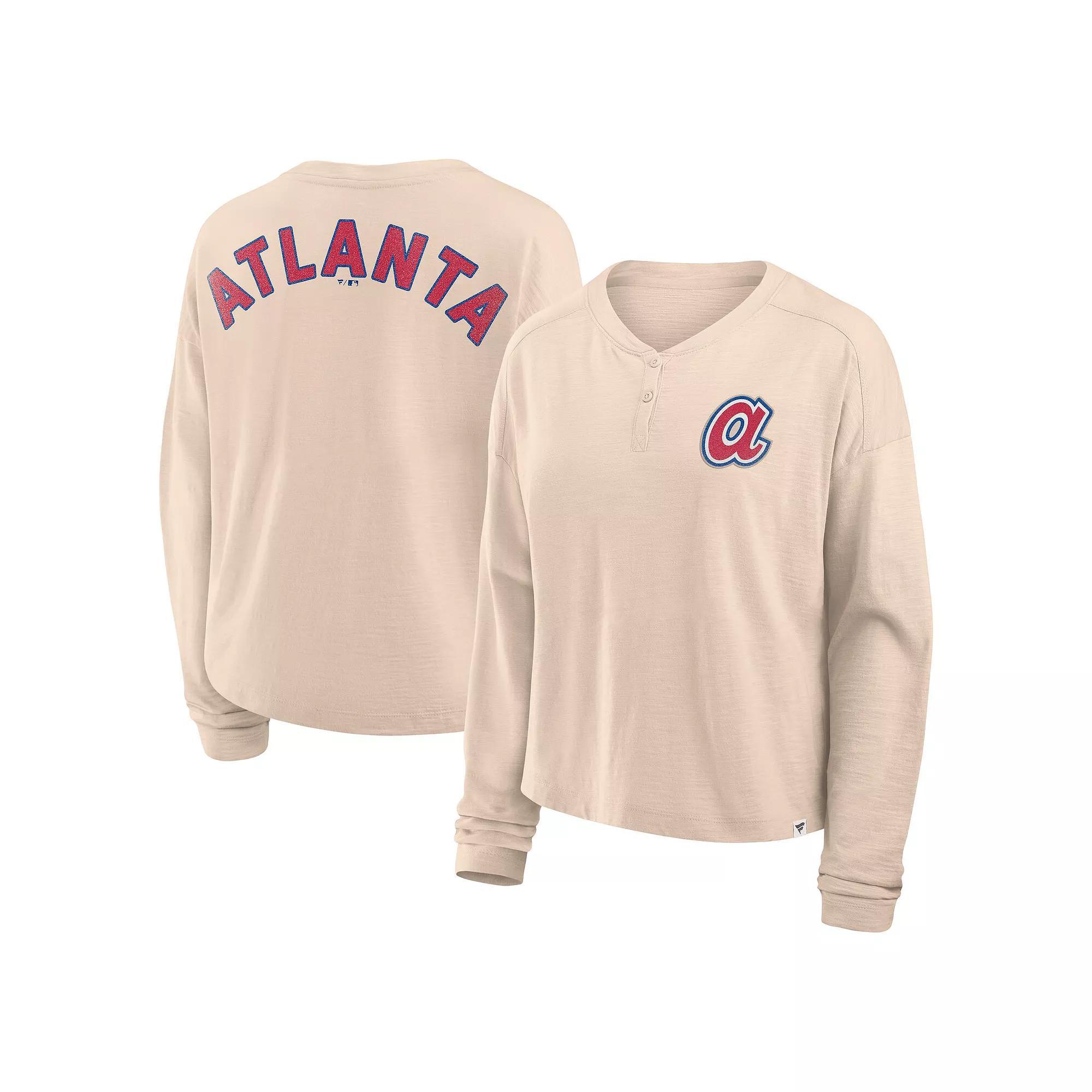 Women's Fanatics Tan Atlanta Braves Oversized Stadium Slub Long Sleeve Henley T-Shirt, Size: XL, Team Product Image