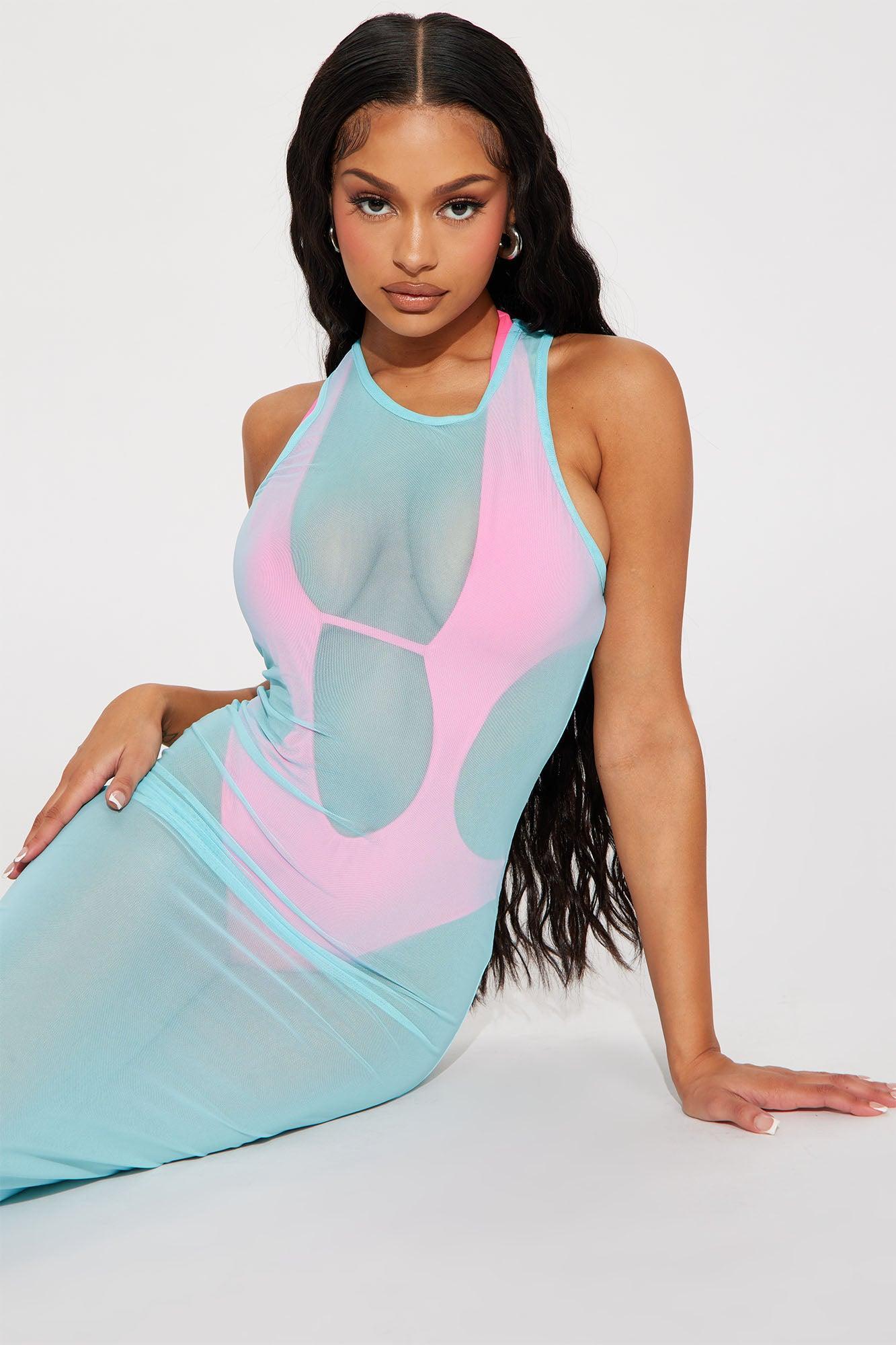 Slay For You Mesh Maxi Dress - Aqua/Combo Product Image