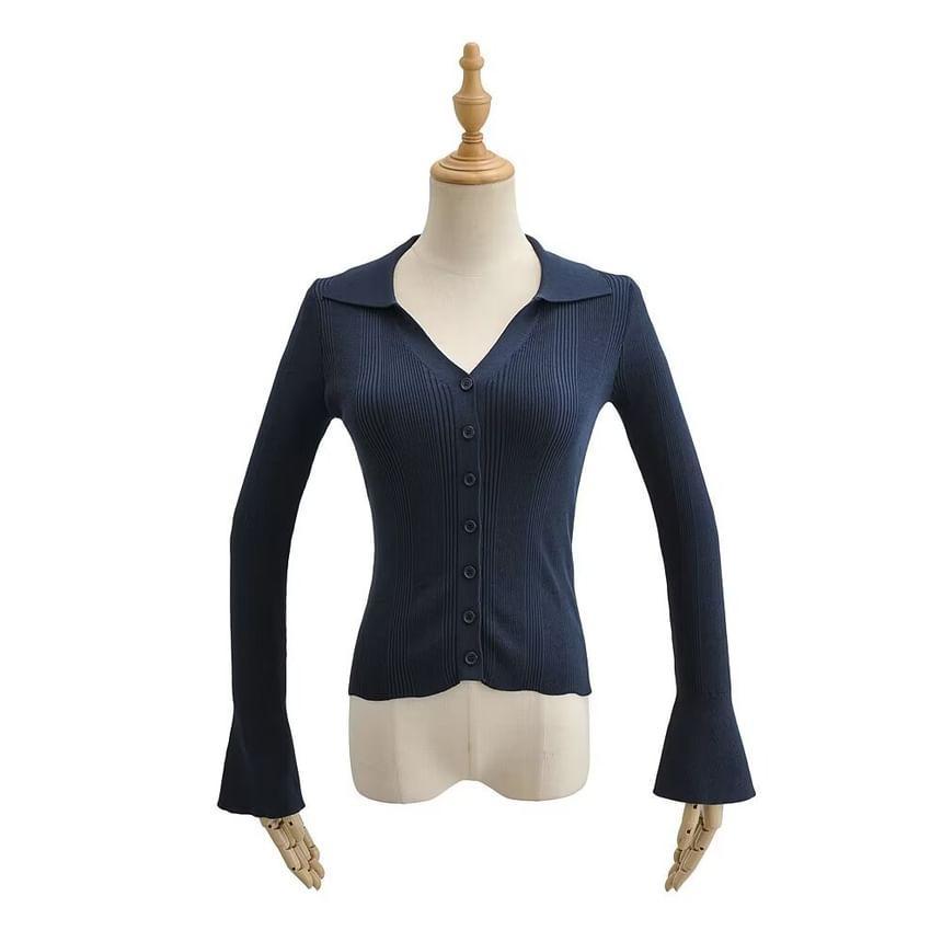 Flared-Sleeve Collar Plain Ribbed Cardigan Product Image