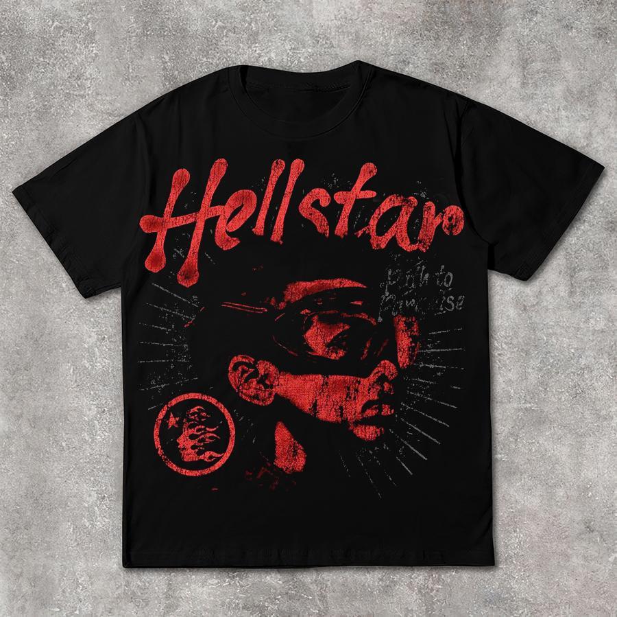 Vintage Hellstar Portrait Graffiti Print Casual Cotton Short Sleeve T-Shirt Product Image