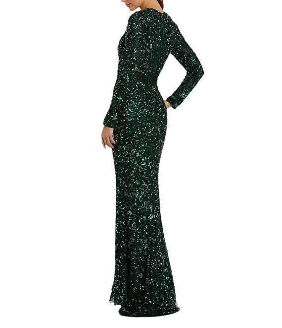 Mac Duggal Long Sleeve Hand Embellished Beaded Sequin Georgette Column Gown Product Image