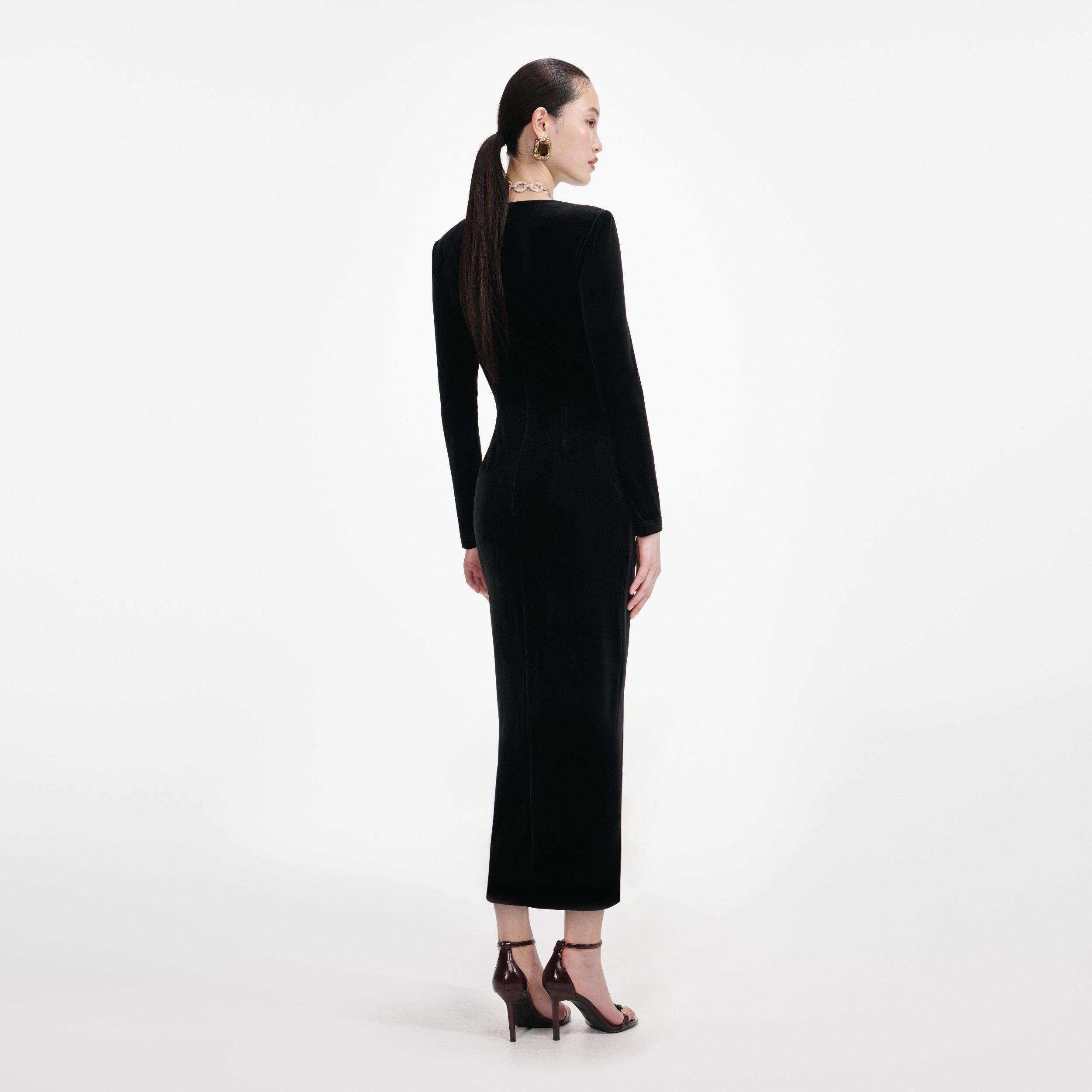 Black Velvet Embellished Midi Dress Product Image