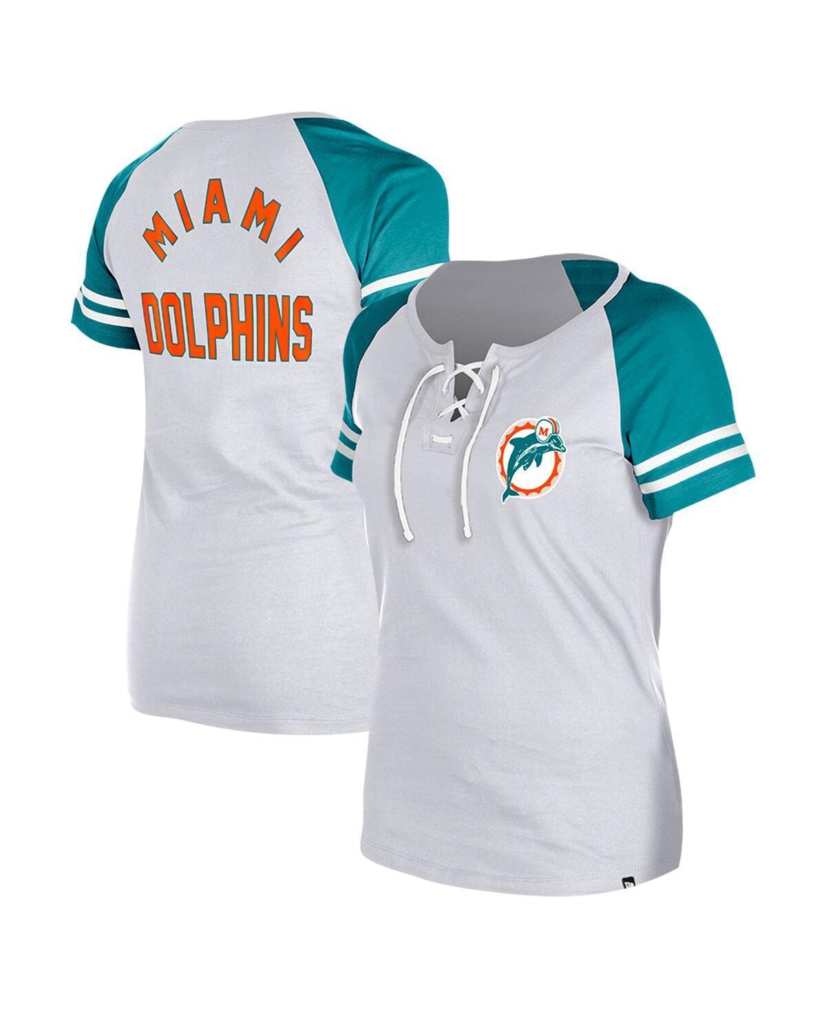 Womens New Era Gray Miami Dolphins Throwback Lace-Up Raglan T-Shirt Product Image