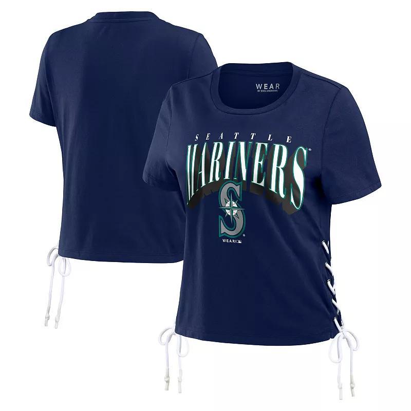 Women's WEAR by Erin Andrews Navy Seattle Mariners Side Lace-Up Cropped T-Shirt, Size: Large, Blue Product Image