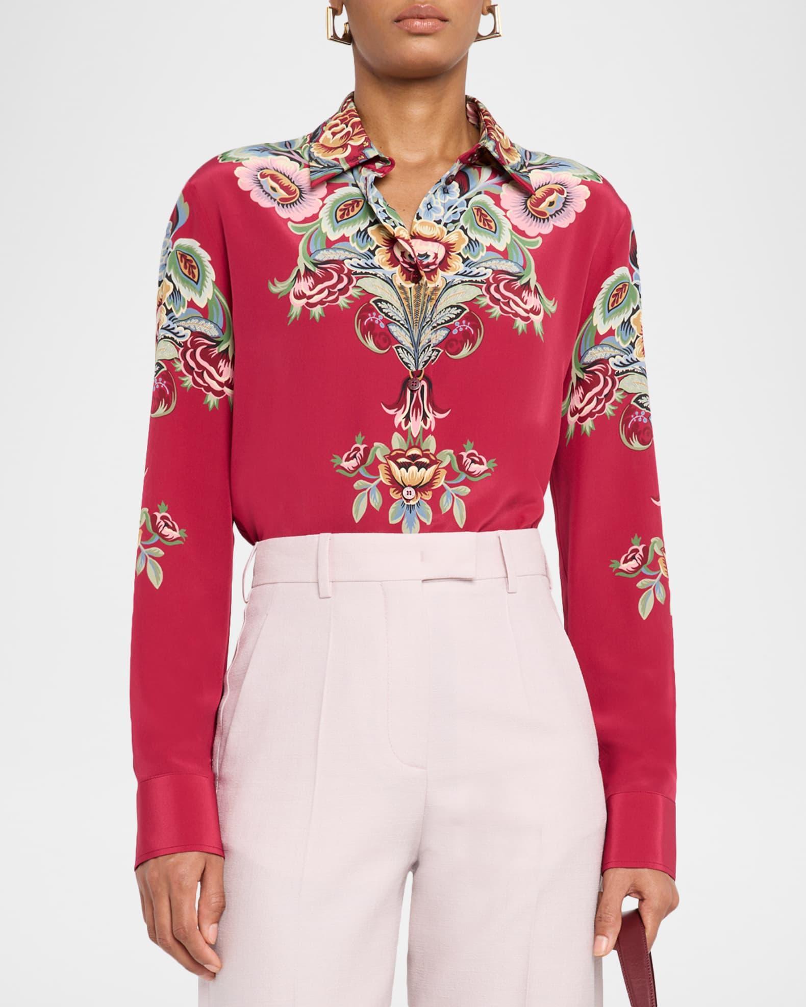 Floral Silk Long-Sleeve Tunic Blouse Product Image