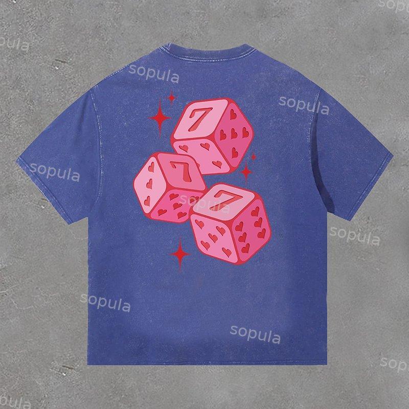 Street Vintage Pink 777 Fun Dice Print Acid Washed T-Shirt Product Image
