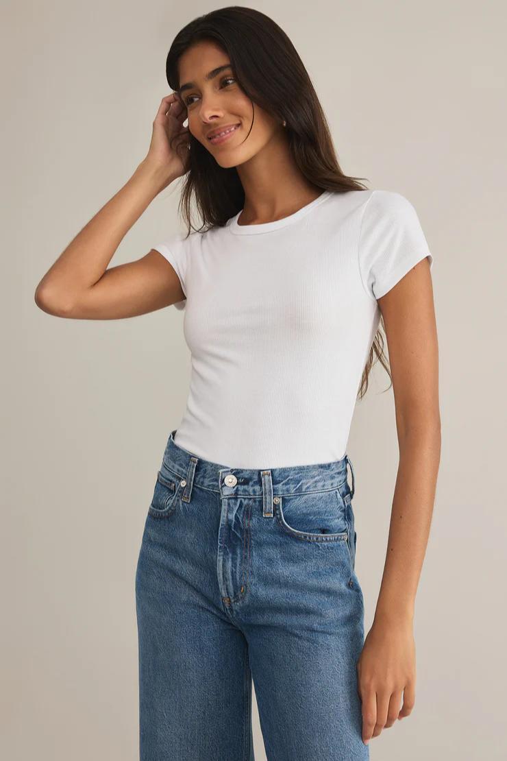 Avery Fitted Rib Tee- White Product Image